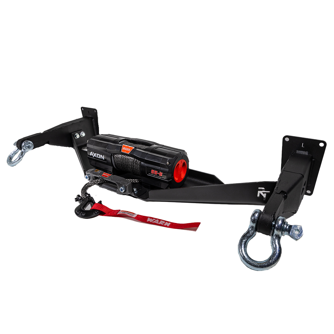 A black hidden winch mount recovery bumper system designed for  Subaru vehicles with Warn Axon 55-S Winch and Silver OVS D-Ring Shackles.