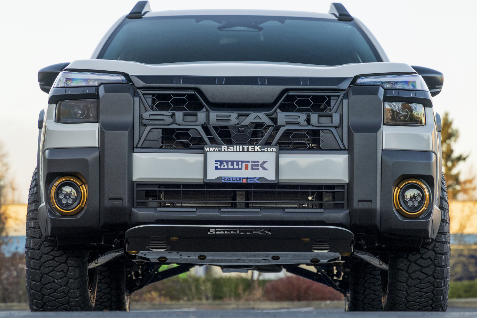Front view 2026 Outback Wilderness with Skid Plates Installed