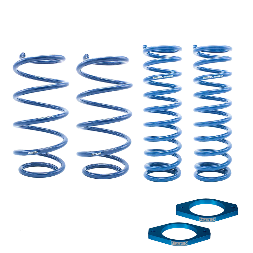 Set of blue suspension springs with hardware on a white background