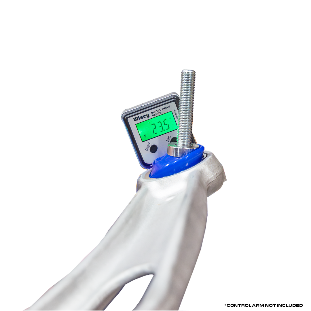 Digital caliper showing 23.5 degrees of angle with the lifted rallitek control arm bushings installed