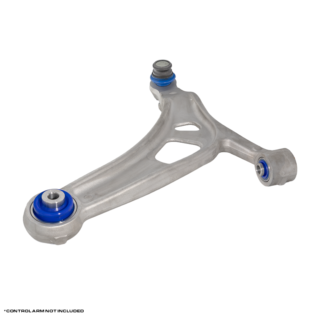 Close up of RalliTEK lifted front control arm bushing installed on control arm