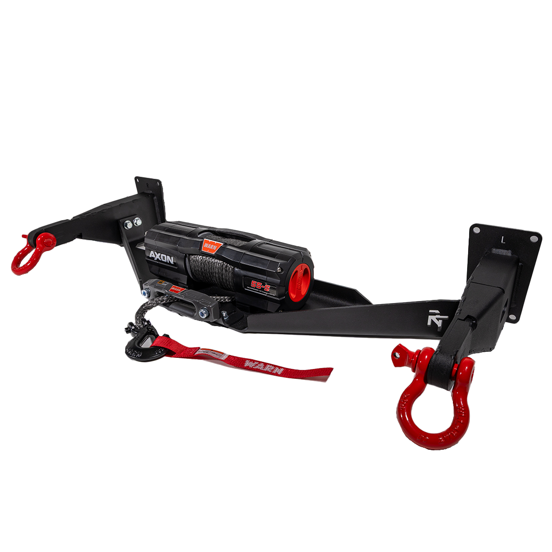 A black hidden winch mount recovery bumper system designed for  Subaru vehicles with Warn Axon 55-S Winch and red OVS D-Ring Shackles.