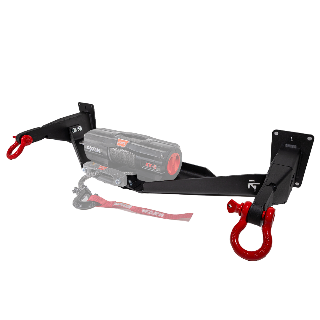 A black hidden winch mount recovery bumper system designed for  Subaru vehicles with Red OVS D-Ring Shackles.