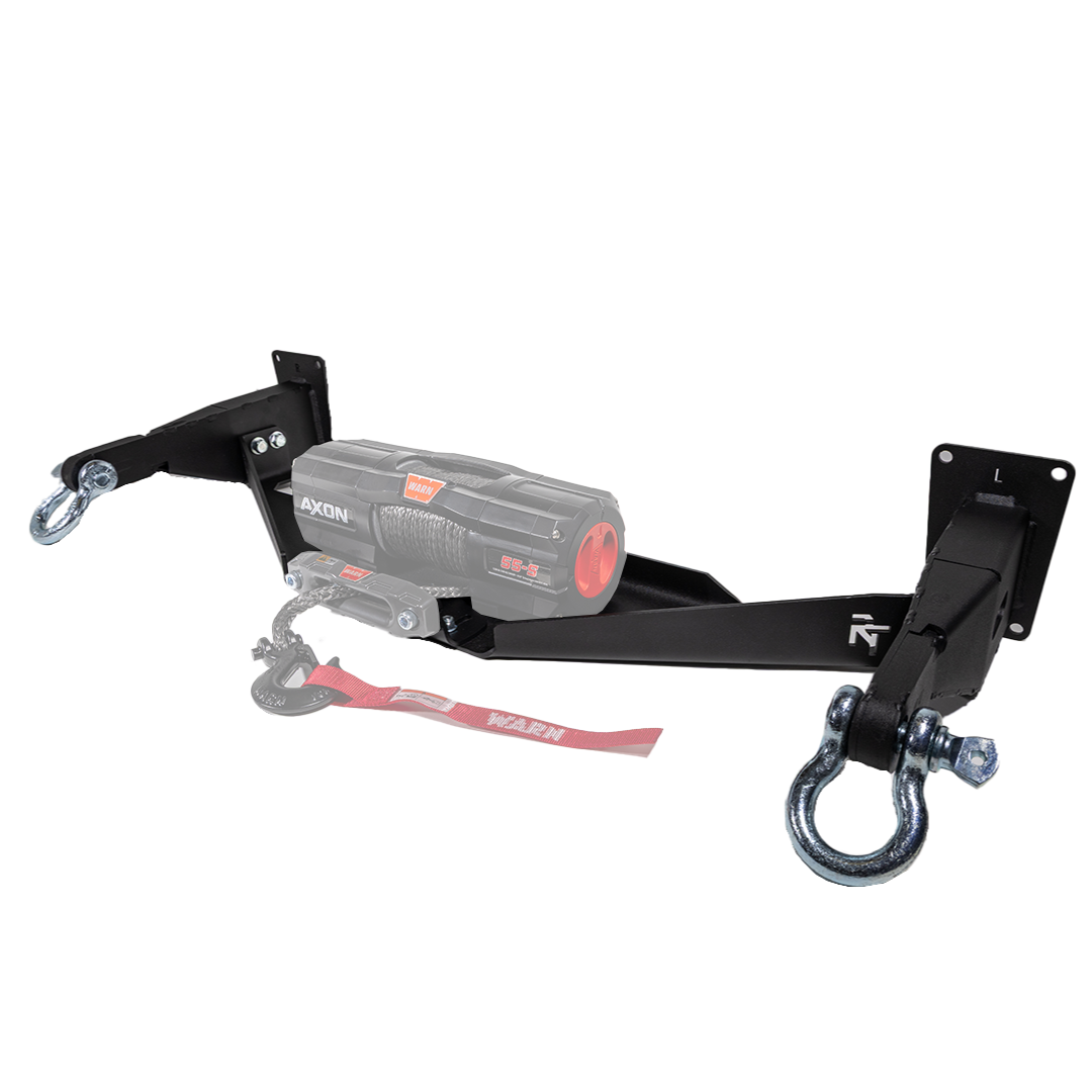 A black hidden winch mount recovery bumper system designed for  Subaru vehicles with Silver OVS D-Ring Shackles.
