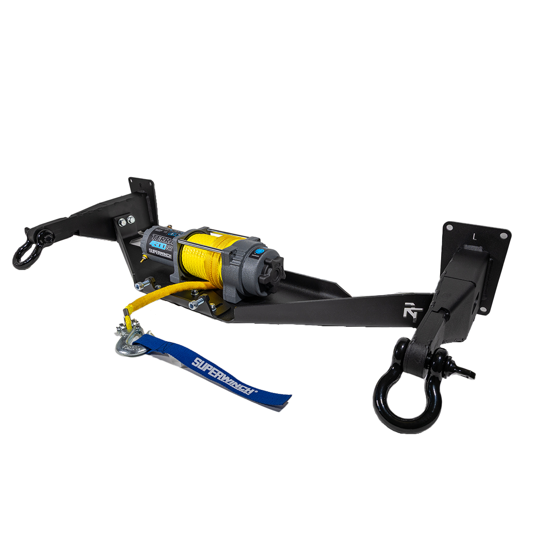 A black hidden winch mount recovery bumper system designed for  Subaru vehicles with Superwinch Terra-45-S Winch and Black OVS D-Ring Shackles.