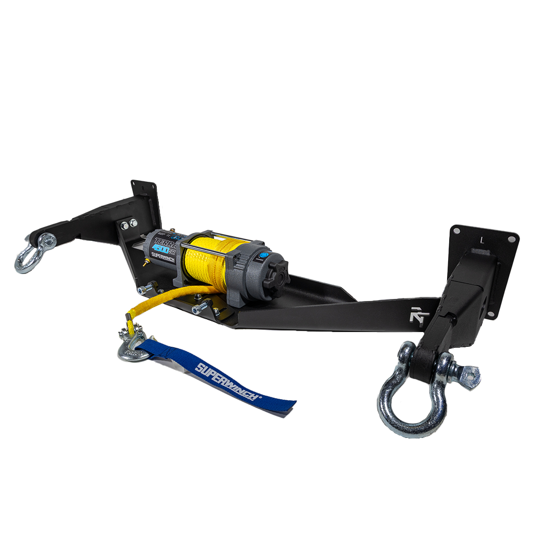 A black hidden winch mount recovery bumper system designed for  Subaru vehicles with Superwinch Terra-45-S Winch and Silver OVS D-Ring Shackles.