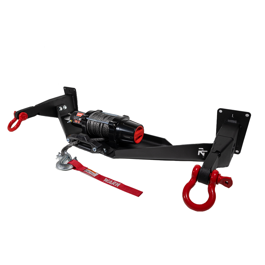 A black hidden winch mount recovery bumper system designed for  Subaru vehicles with Warn VRX 45-S Winch and red OVS D-Ring Shackles.