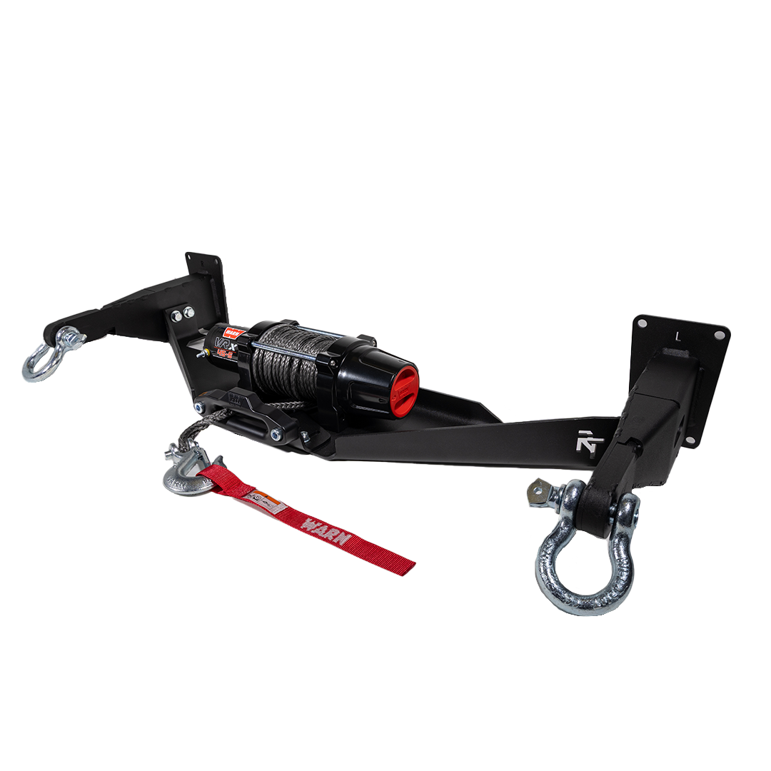 A black hidden winch mount recovery bumper system designed for  Subaru vehicles with Warn VRX-45-S Winch and Silver OVS D-Ring Shackles.